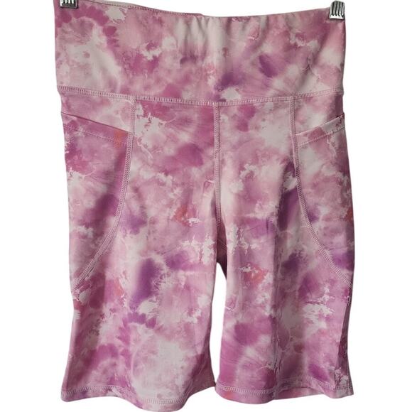 Bebe Sport Tie Dye Pink Purple Side Pocket Wide Waist High Rise Workout Shorts M - Picture 1 of 5